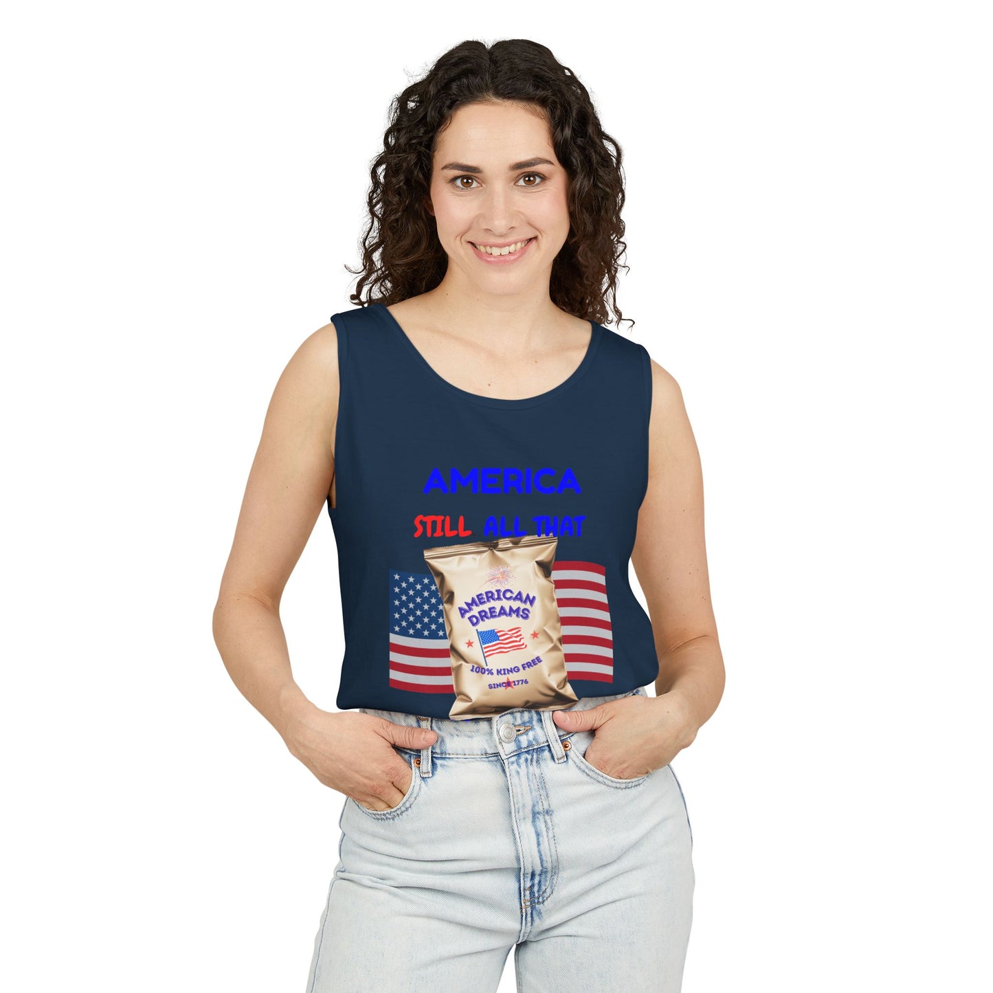America: Still All That and a Bag of Chips – Patriotic Satire - Unisex Garment-Dyed Tank Top