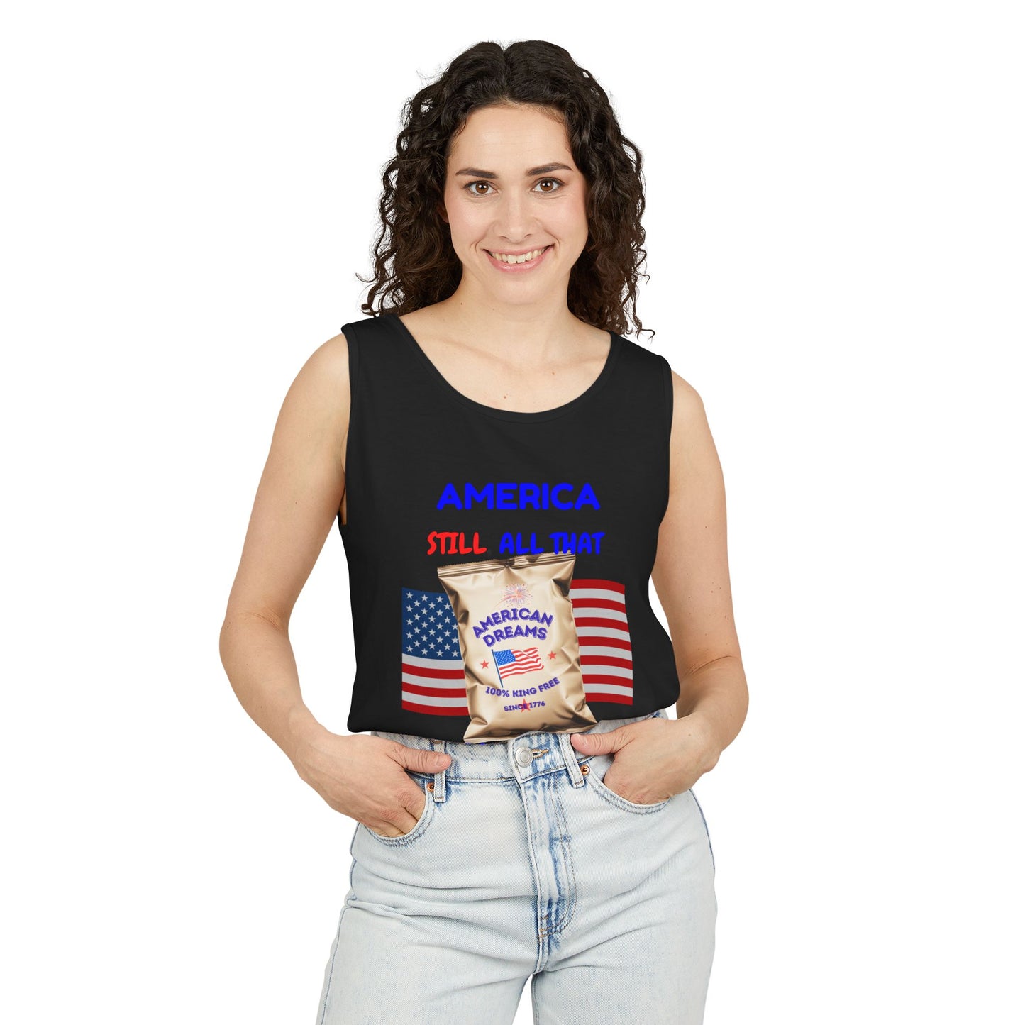 America: Still All That and a Bag of Chips – Patriotic Satire - Unisex Garment-Dyed Tank Top