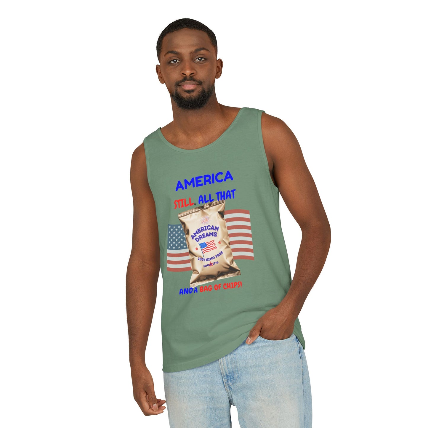 America: Still All That and a Bag of Chips – Patriotic Satire - Unisex Garment-Dyed Tank Top