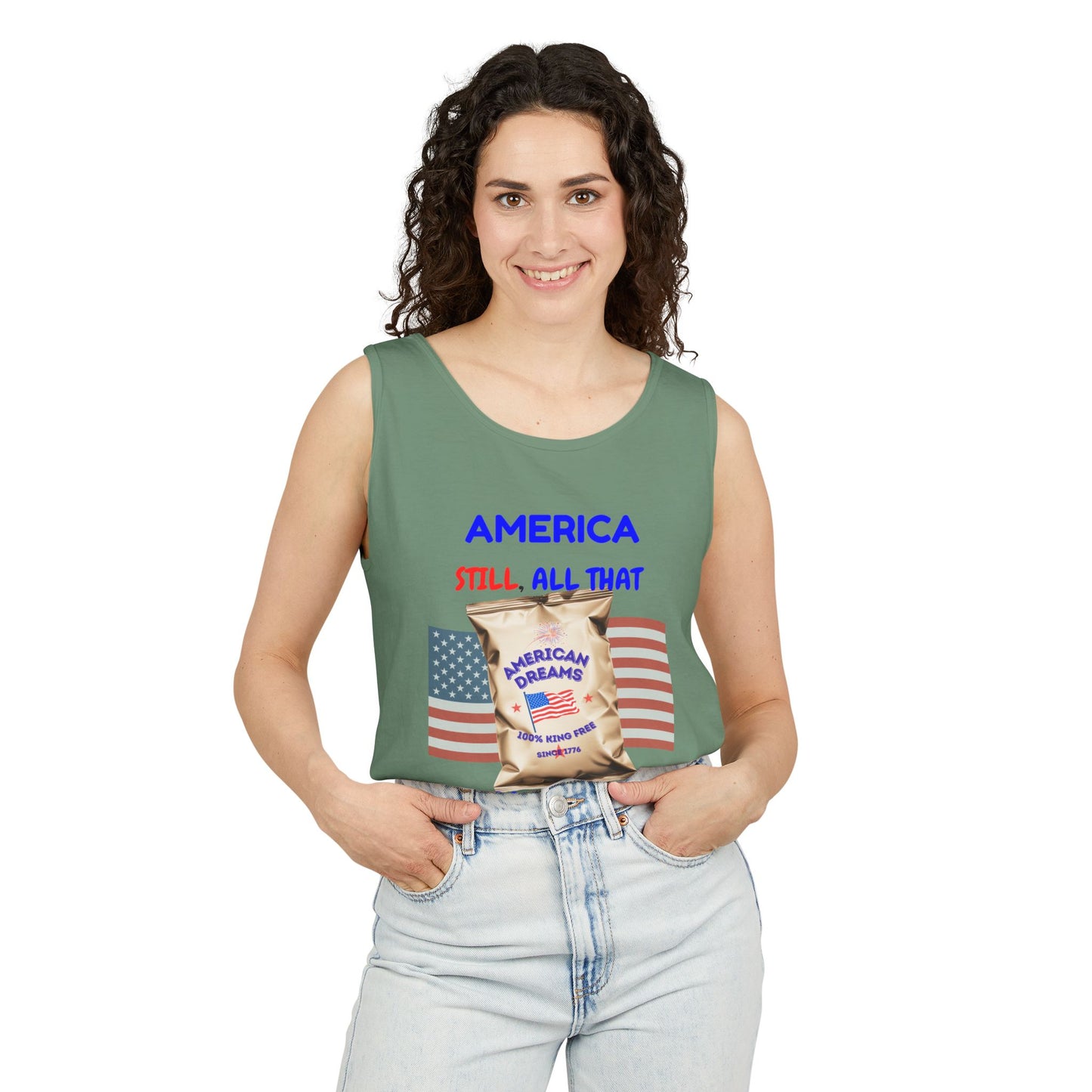 America: Still All That and a Bag of Chips – Patriotic Satire - Unisex Garment-Dyed Tank Top