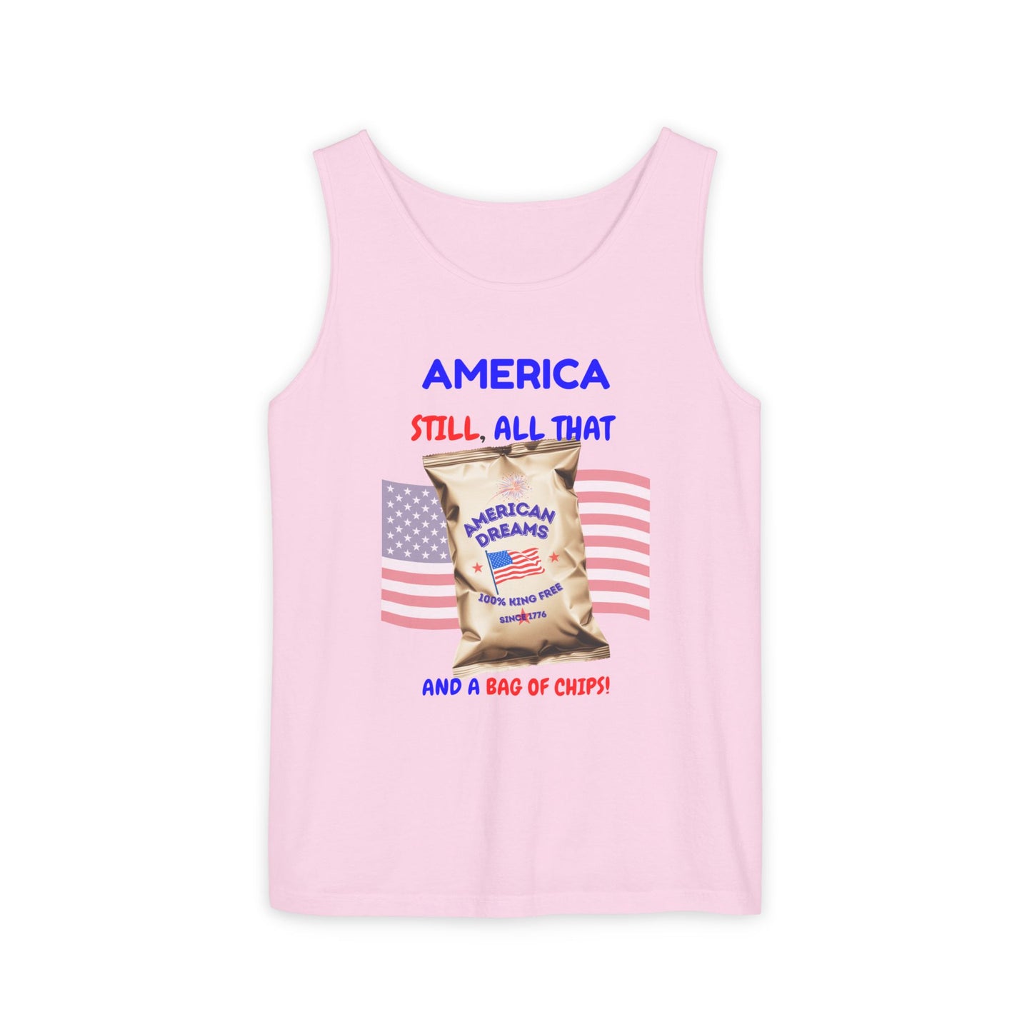 America: Still All That and a Bag of Chips – Patriotic Satire - Unisex Garment-Dyed Tank Top