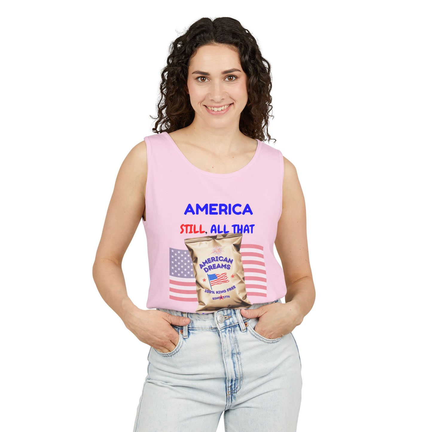 America: Still All That and a Bag of Chips – Patriotic Satire - Unisex Garment-Dyed Tank Top