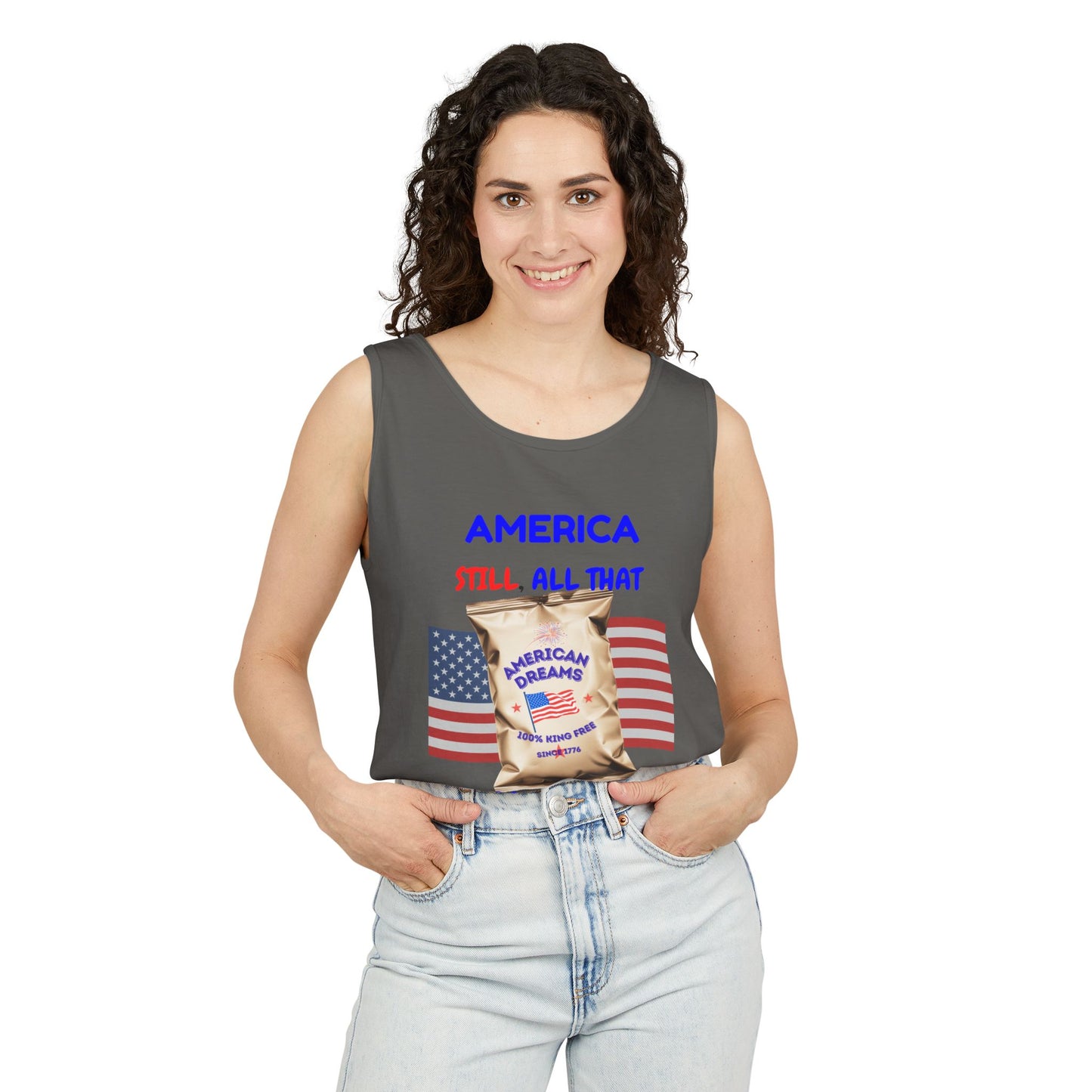 America: Still All That and a Bag of Chips – Patriotic Satire - Unisex Garment-Dyed Tank Top
