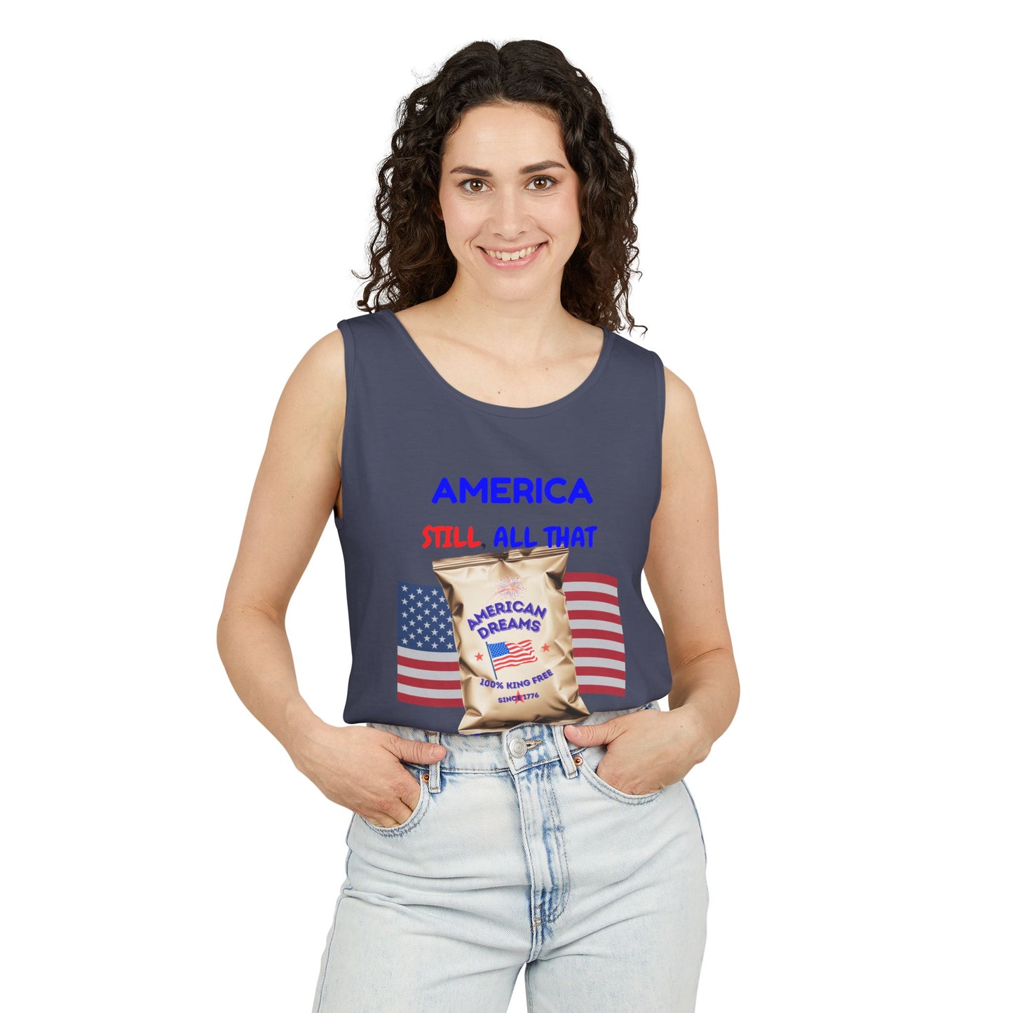 America: Still All That and a Bag of Chips – Patriotic Satire - Unisex Garment-Dyed Tank Top