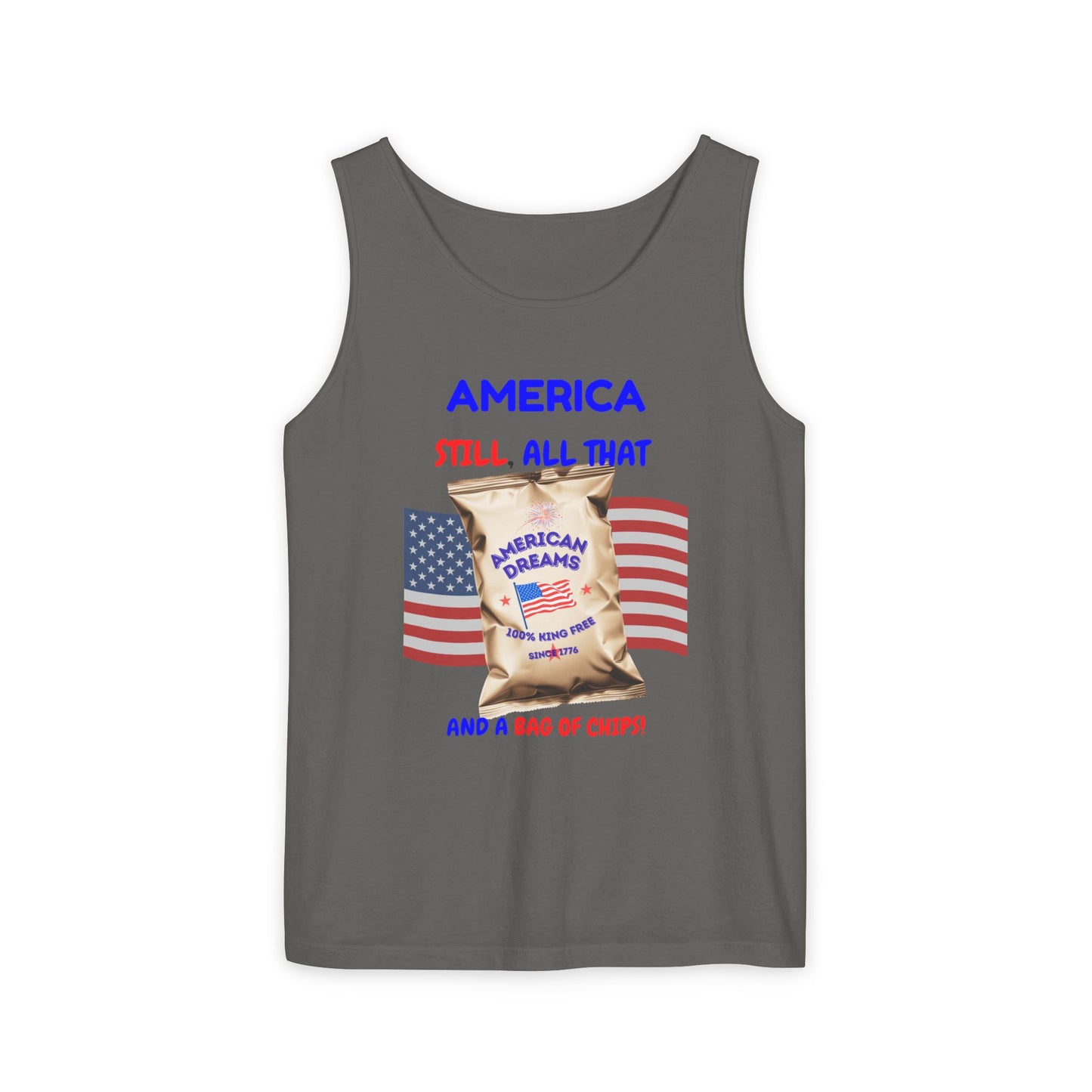 America: Still All That and a Bag of Chips – Patriotic Satire - Unisex Garment-Dyed Tank Top