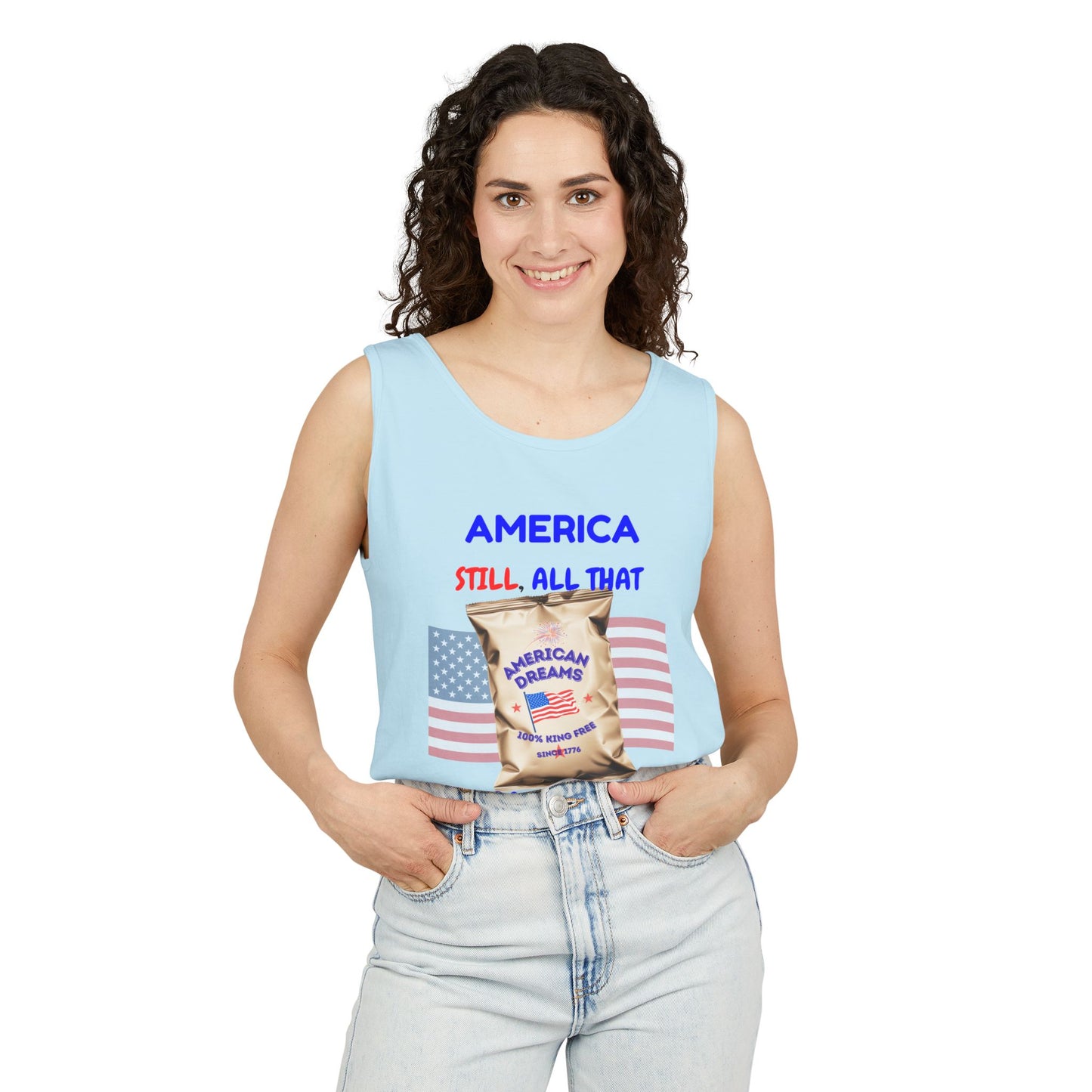 America: Still All That and a Bag of Chips – Patriotic Satire - Unisex Garment-Dyed Tank Top