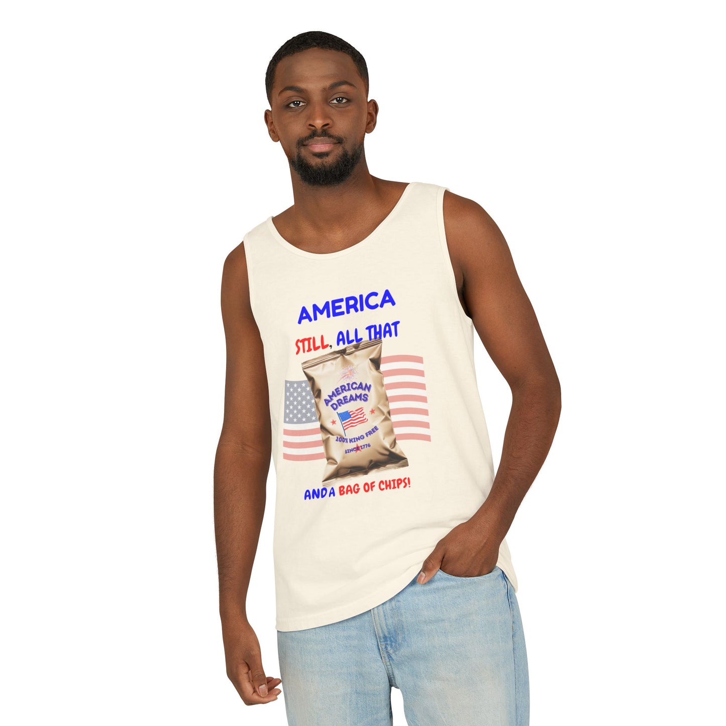 America: Still All That and a Bag of Chips – Patriotic Satire - Unisex Garment-Dyed Tank Top