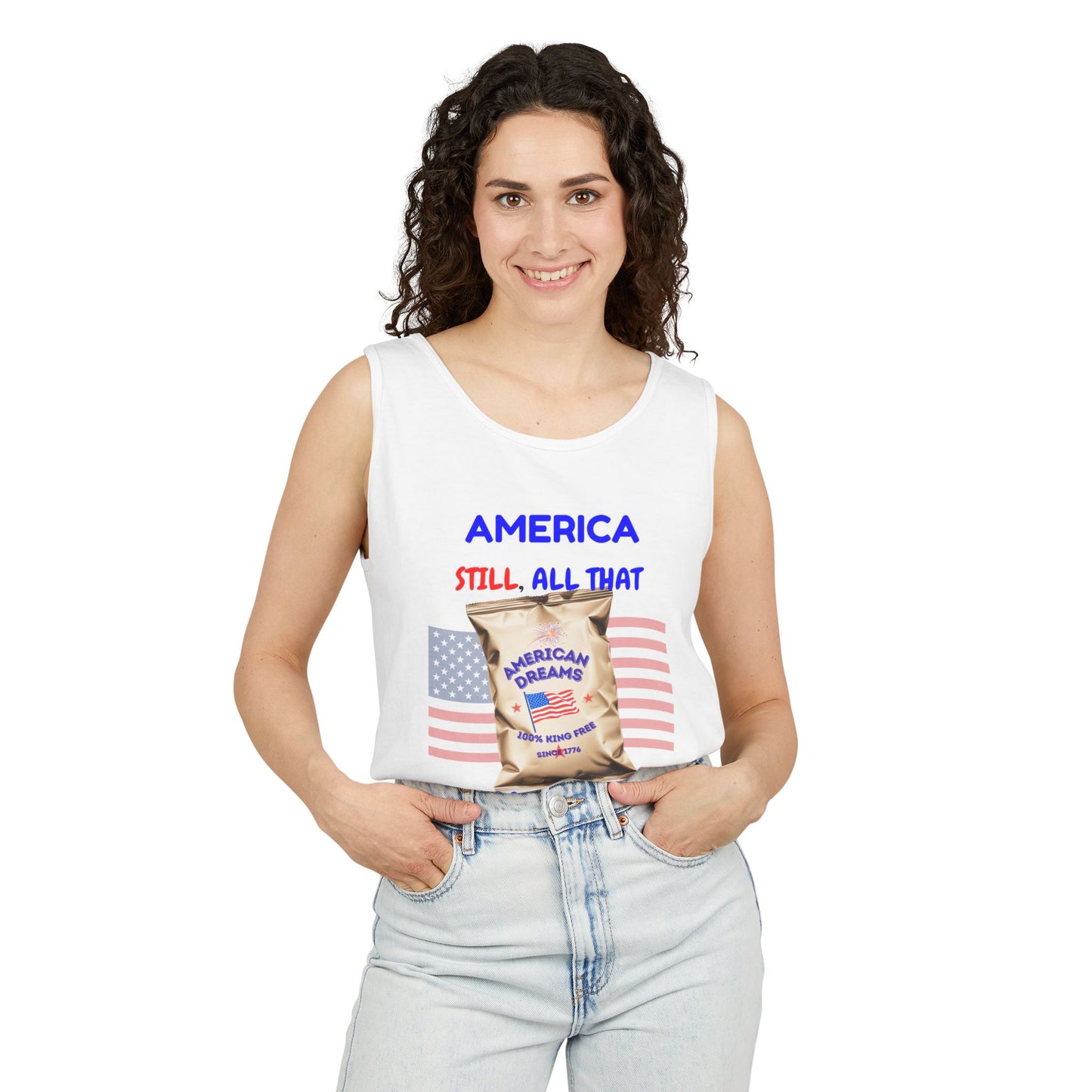 America: Still All That and a Bag of Chips – Patriotic Satire - Unisex Garment-Dyed Tank Top