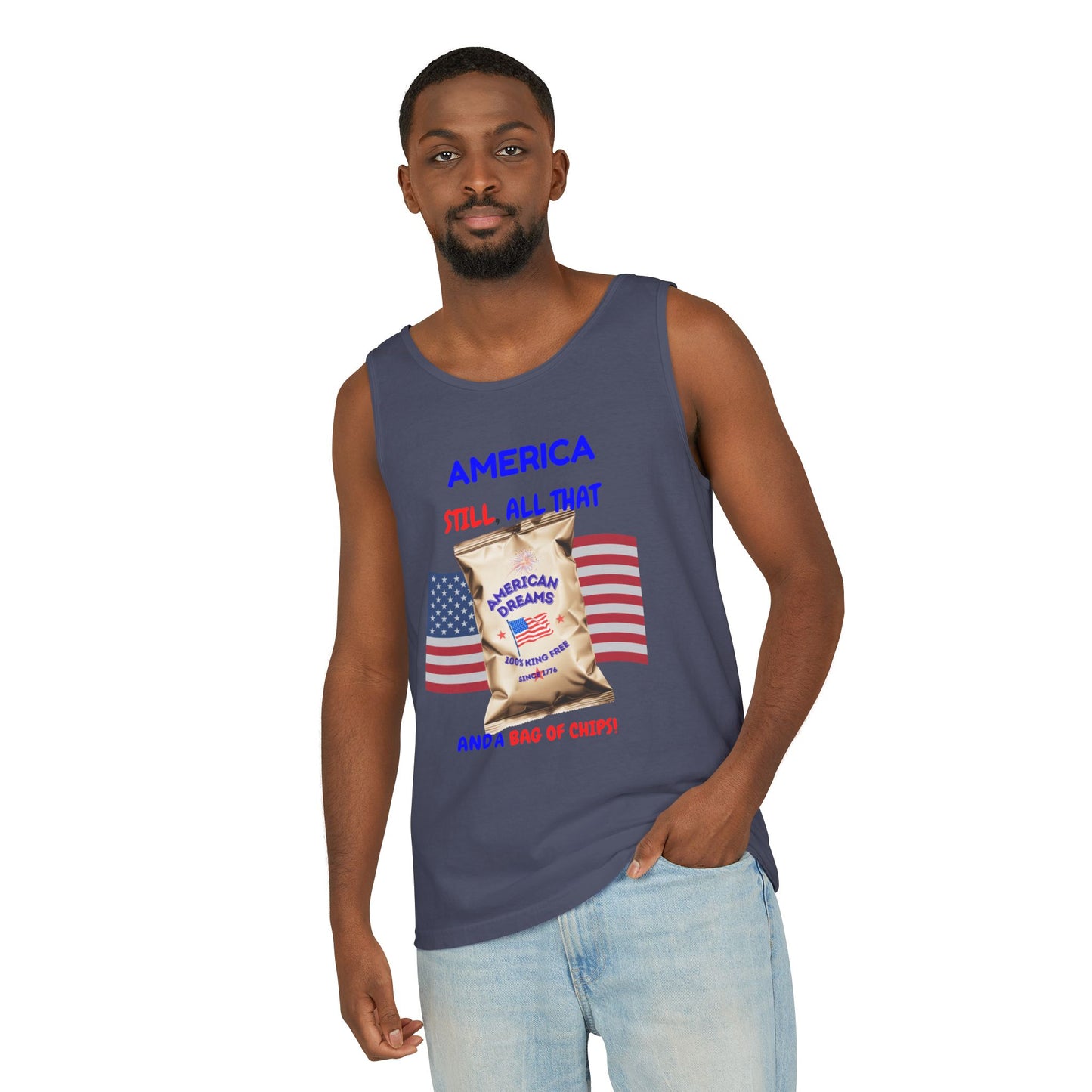 America: Still All That and a Bag of Chips – Patriotic Satire - Unisex Garment-Dyed Tank Top