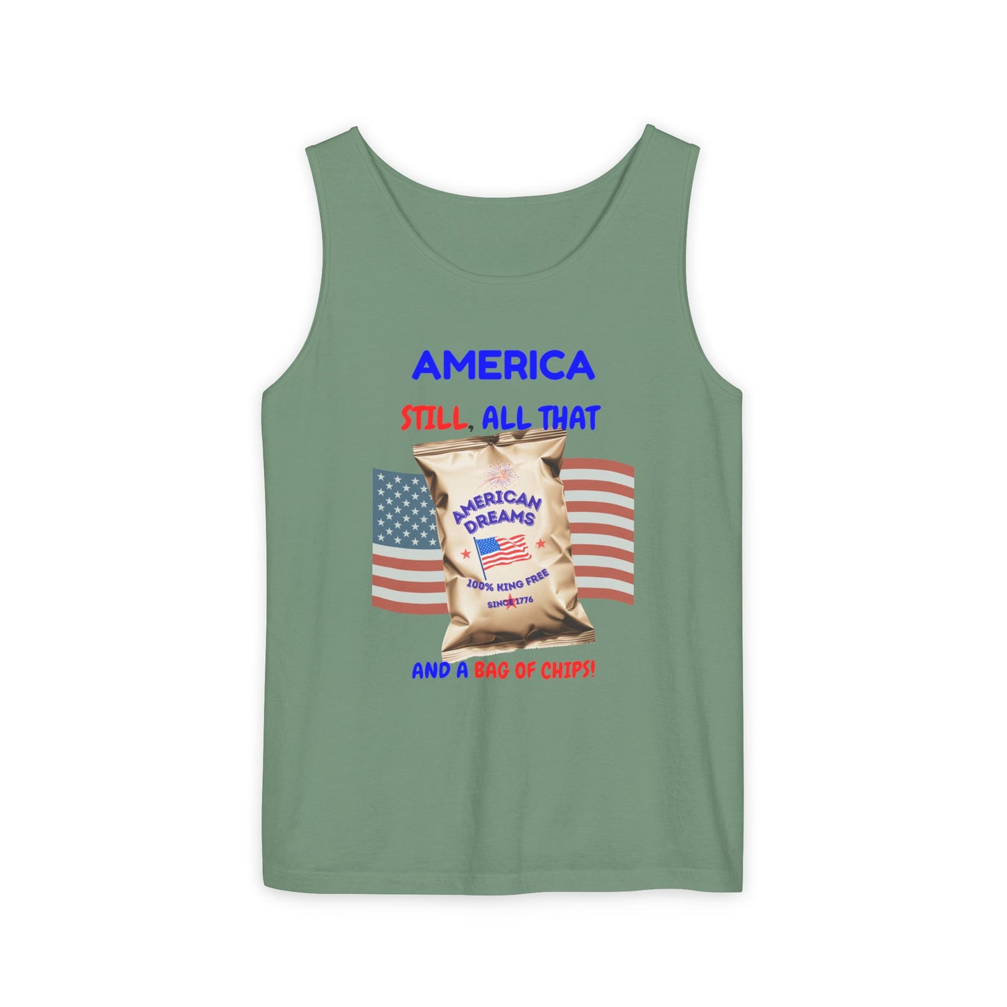 America: Still All That and a Bag of Chips – Patriotic Satire - Unisex Garment-Dyed Tank Top