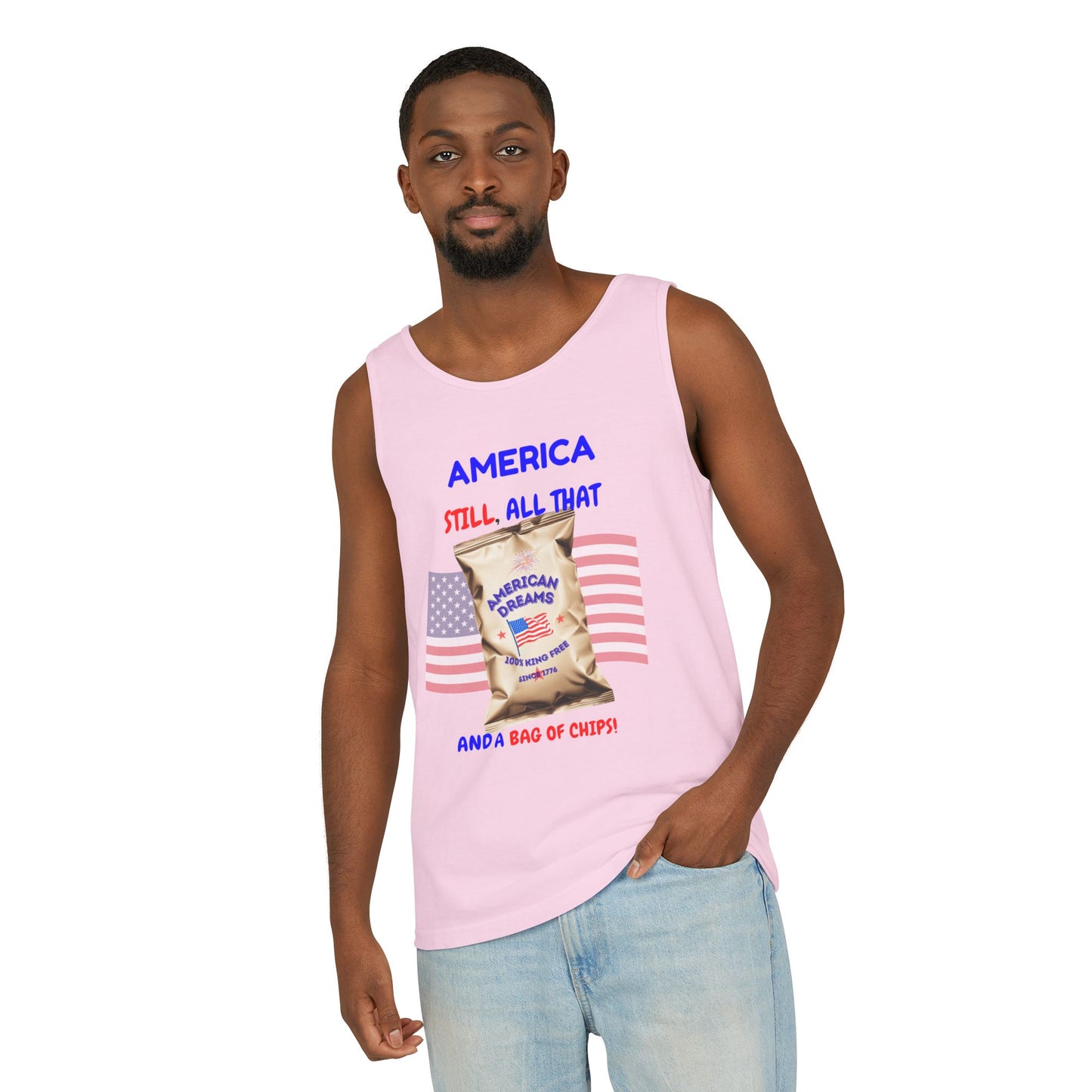 America: Still All That and a Bag of Chips – Patriotic Satire - Unisex Garment-Dyed Tank Top