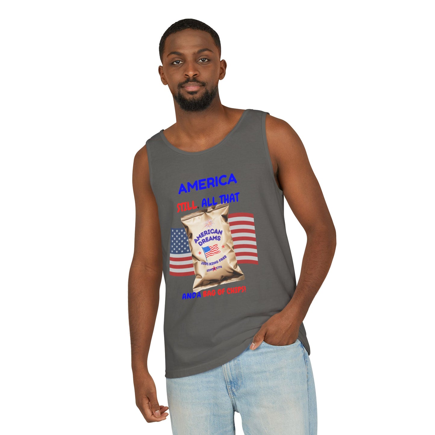 America: Still All That and a Bag of Chips – Patriotic Satire - Unisex Garment-Dyed Tank Top